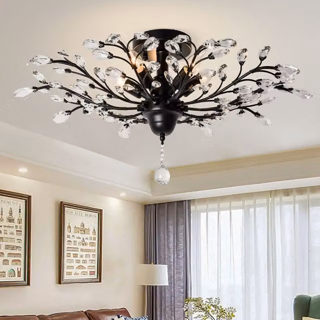 Garwarm 5-Light Dimmable Crystal Semi Flush Mount Ceiling Light in Black