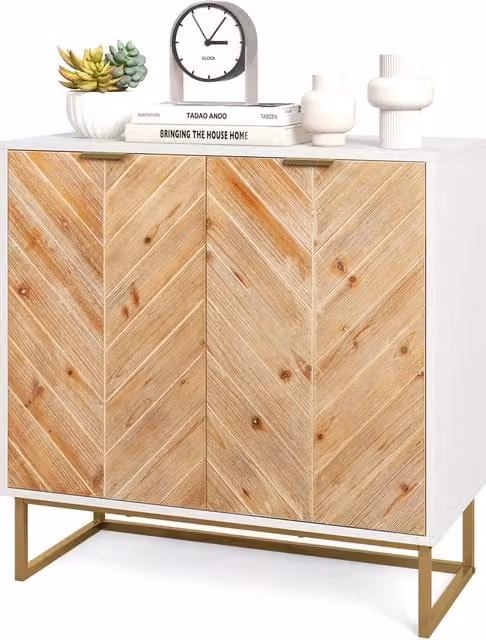 COSTWAY Modern White Freestanding Accent Cabinet with Hinged Doors