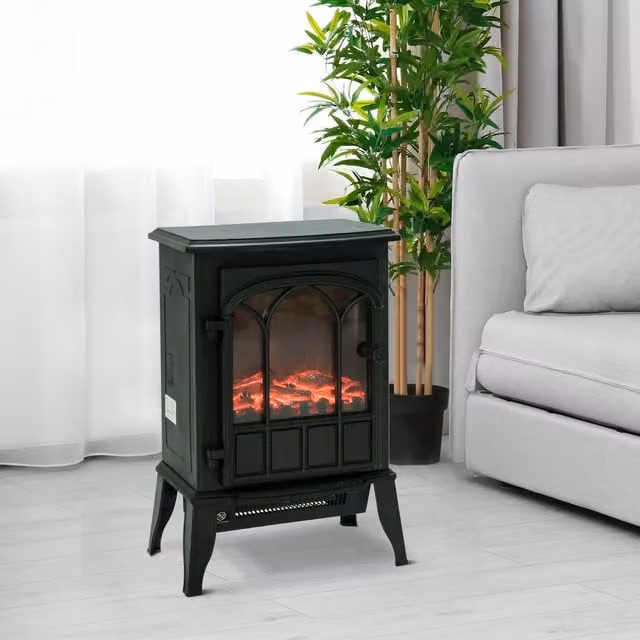 HOMCOM Freestanding Electric Fireplace Heater Black Metal Stove with LED Flame Effect