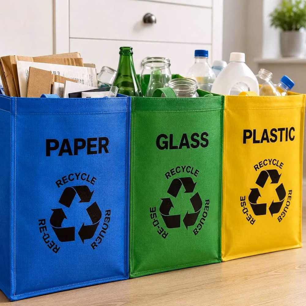 Hinsinc 3-Piece Reusable Colour Coded Recycling Bin Bags in Blue, 0.6m2 – 3