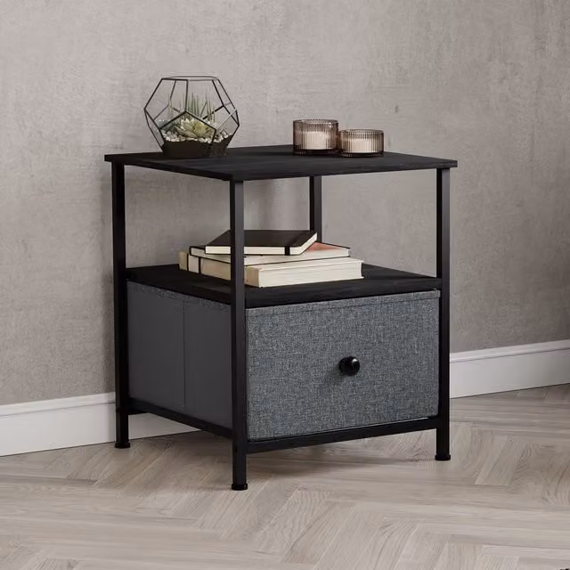 Vida Designs Modern Fabric and Metal Bedside Table in Grey and Black