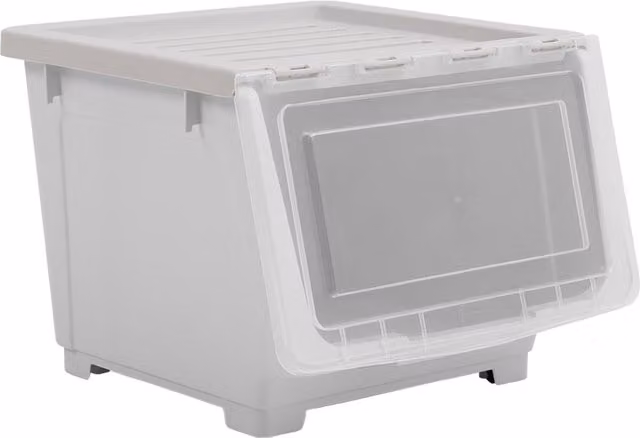 Kidkid Stackable Plastic Childrens Storage Box with Lid and Wheels in Grey and Transparent