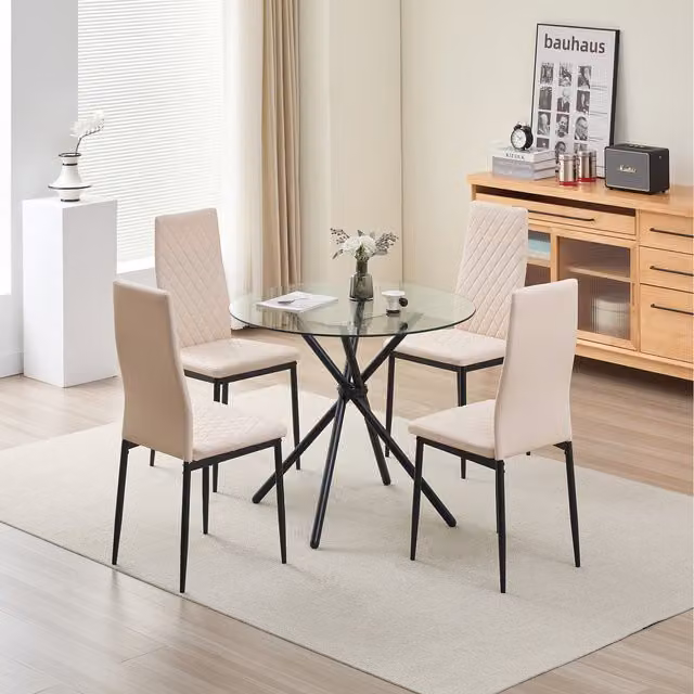 Madefor.living New York Round Glass Dining Table and Emily Leather Chairs Set in Beige and Yellow