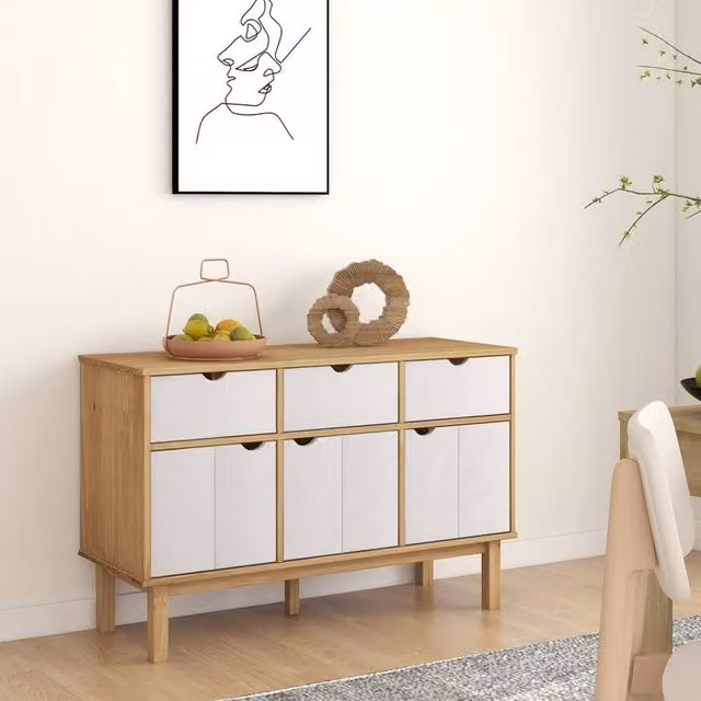Berkfield Home OTTA Sideboard in Brown and White Solid Pine Wood, W/D/H: 114 x 43 x 73.5 cm