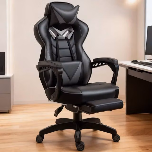 ERGOVEXA Grey and Black Synthetic Leather Computer Gaming Chair with Headrest and Armrests