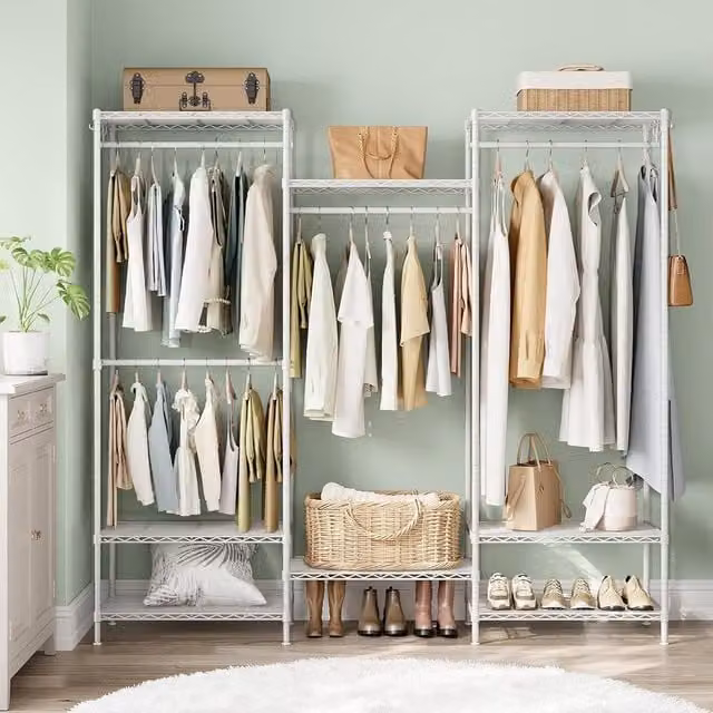 SONGMICS Open Wardrobe with Metal Clothes Rails and Adjustable Shelves, White – 1