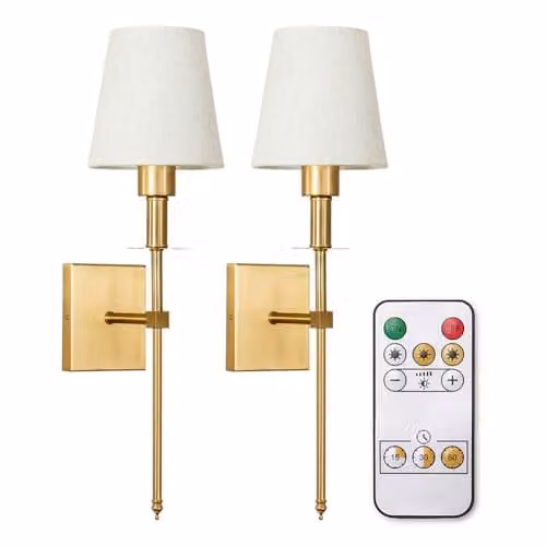 ValueLights Set of 2 Rechargeable LED Wall Lights with Fabric Shade and Remote Control, Dimmable Touch Control, Antique Brass