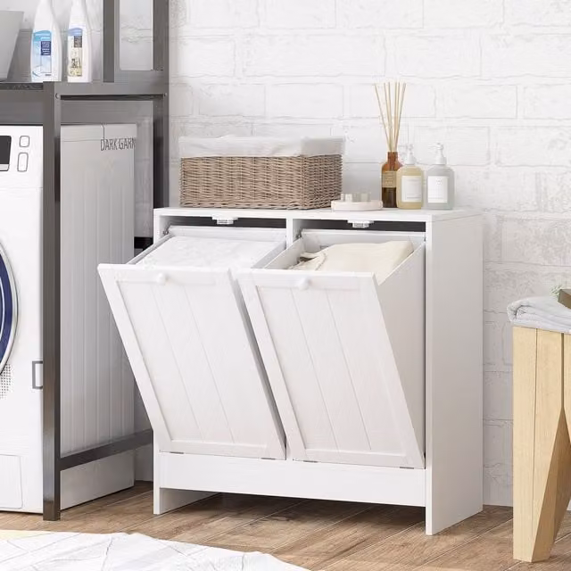 Kleankin White Tilt-out Laundry Storage Cabinet with 2 Compartment Hampers – 1