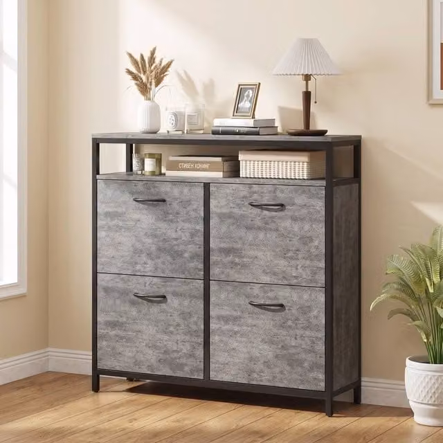 STILVORA Grey and Black Shoe Cabinet with 4 Tilting Compartments and Open Shelf