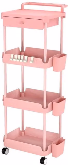Kelvenix Metal 4-Tier Storage Trolley on Wheels in Matt Pink, H 104.4 x W 37.0 x D 33.0 cm
