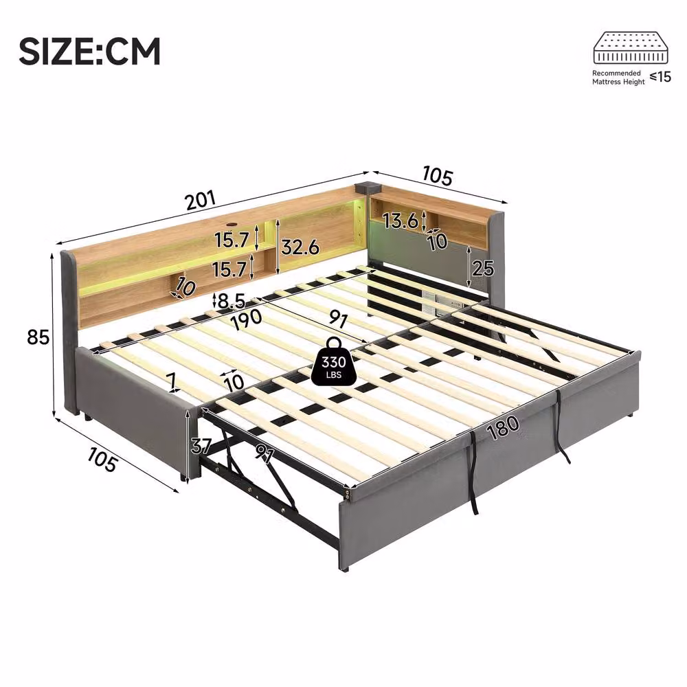 BTM Grey Velvet Single Daybed with Trundle, LED Under-Bed Lighting and USB Charging Port, W/D/H: 190 x 90 x 85 cm – 2