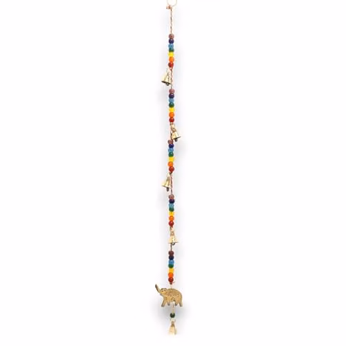 KDMD Indian Chimes Gold Brass Elephant with Chakra Beads Hanging String Bells