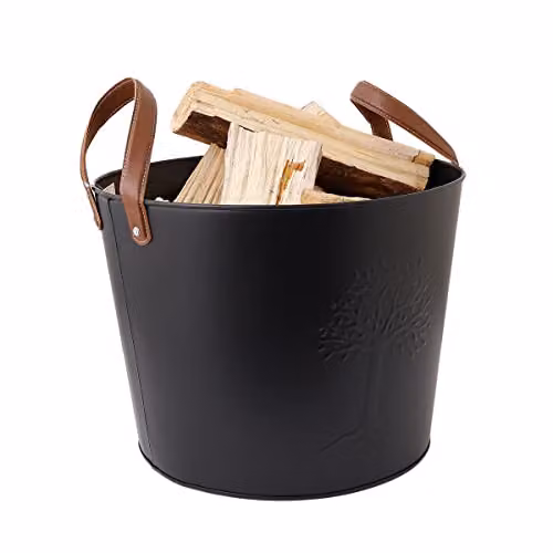 Charles Bentley Black Log Bucket with Leather Handles, W/D/H: 36 x 45 x 45 cm – 3