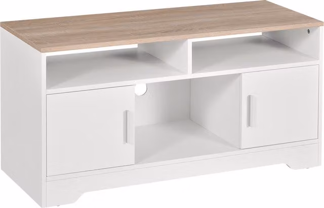 HOMCOM Modern TV Stand for TVs up to 42 Inches with Cabinets and Shelves, White and Brown – 1