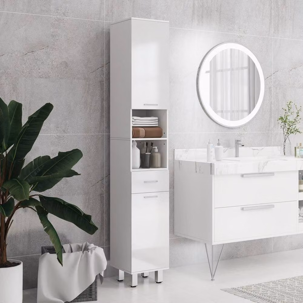 FORGEVIO White Glossy Tall Narrow Bathroom Storage Cabinet with Enclosed Cupboards, H 180 x W 30 cm – 2