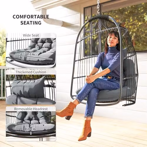 Outsunny Rattan Egg Chair Swivel Lounge Swing Chair in Grey – 3