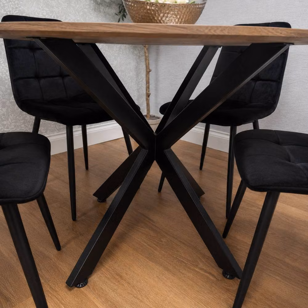 Kosy Koala 4 Seater Round Dining Set with Brown Wood Table and Black Velvet Chairs – 2