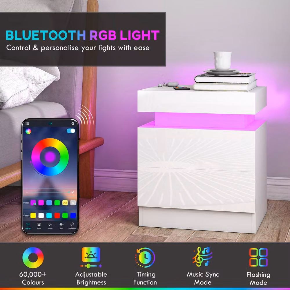 STILVORA Modern White Glossy Bedside Table Set with Integrated LED Lighting and 2 Drawers – 4