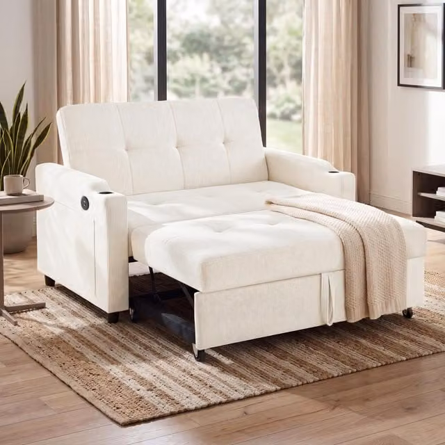 Aosom UK Convertible Sofa Bed with Adjustable Backrest, USB and Type-C Charging, Cup Holder and Pull Out Drawer, Off White, W/D/H: 173 x 135 x 58 cm – 1
