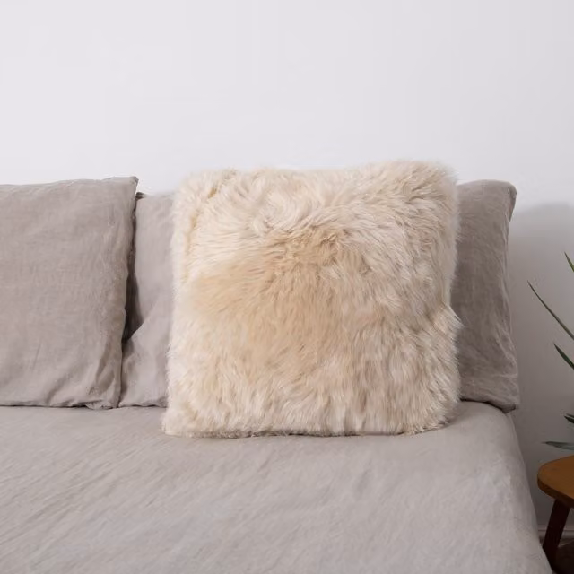 Native Natural Double Sided Square Lambskin Sheepskin Cushion in Beige, W/D/H: 45 x 45 x 45 cm