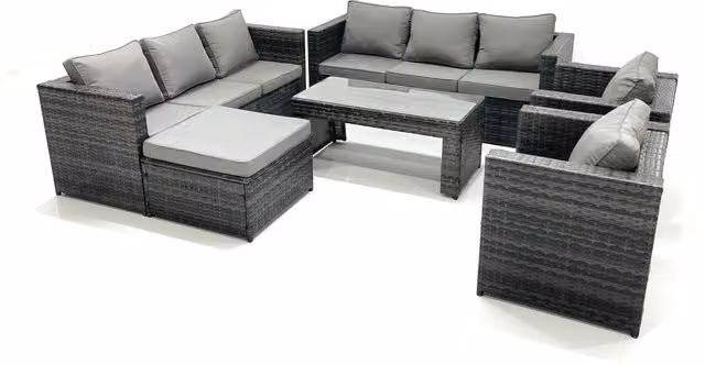 Fimous 9-Seater Grey PE Rattan Garden Sofa Set with Coffee Table and Ottoman