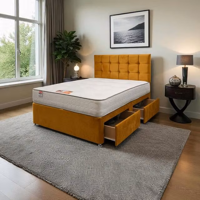 Knight Sleep Modern Upholstered Velvet Bed Set with Headboard and Drawers in Yellow, W/D/H: 140 x 200 cm