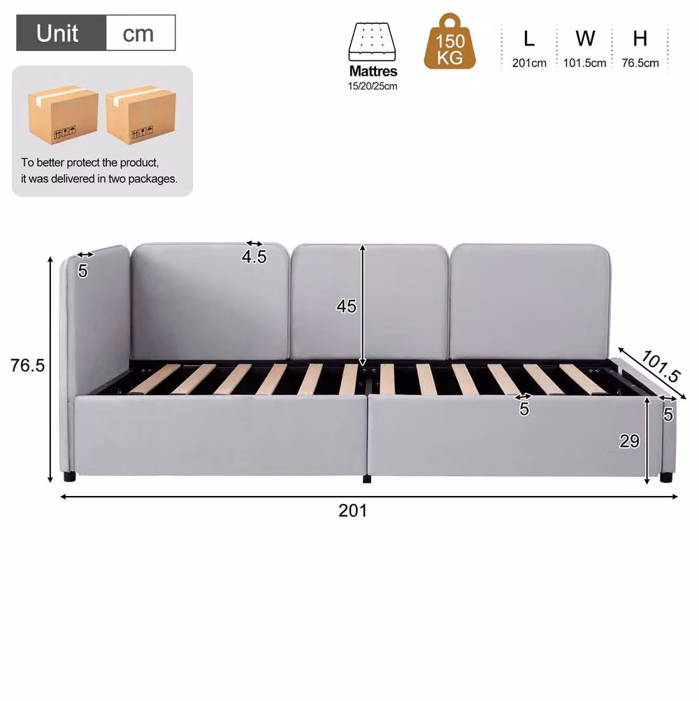 STILVORA Single Daybed with Lift-Up Storage in Grey Velvet, W: 90 cm, L: 190 cm – 3