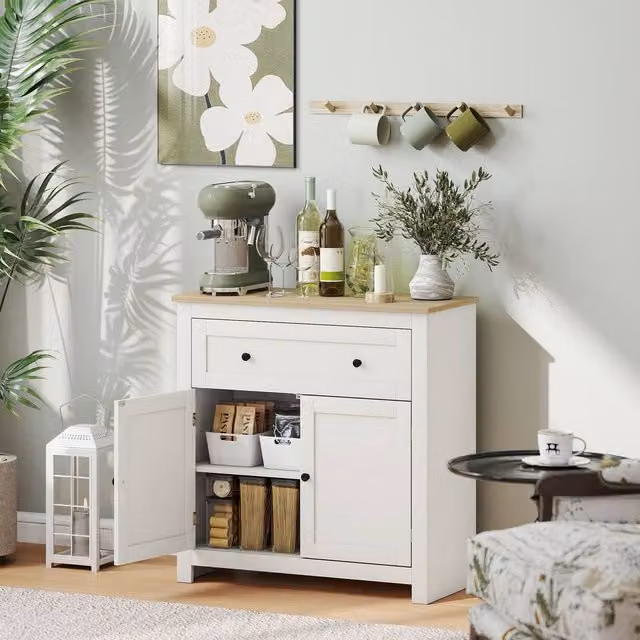 HOMCOM Modern Sideboard and Kitchen Storage Cabinet with Adjustable Shelf and Drawer in Cream White