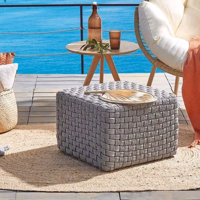 Wyld and Coco Grey Handwoven Outdoor Pouffe W/D/H: 50 x 50 x 50 cm