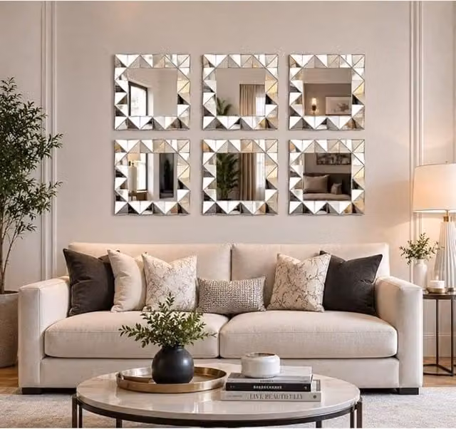 DEENZ Pack of 4 Art Deco Style Geometric Square Wall Mirrors in Silver, W/D/H: 40 x 40 x 0.5 cm
