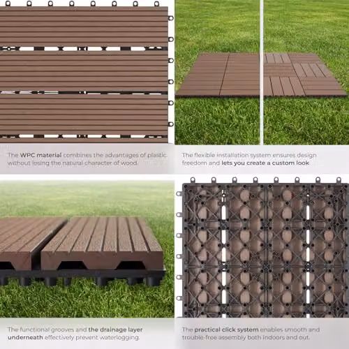 tectake 22-Piece WPC Decking Tile Set in Brown, 31 x 31 cm per Tile, 2.1142m² Total Area – 4