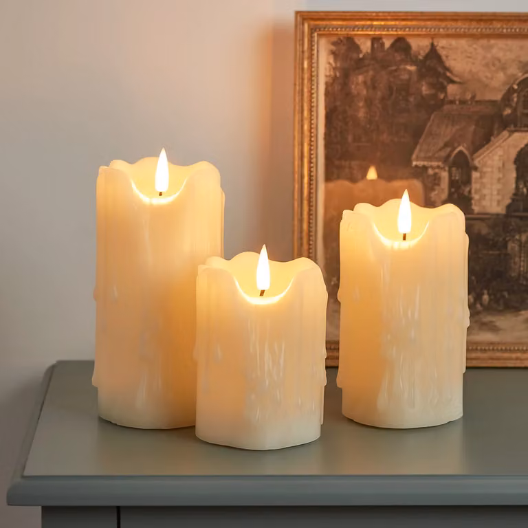 TruGlow® Heavy Dripping Wax LED Pillar Candle Trio in White with Remote Control and Timer