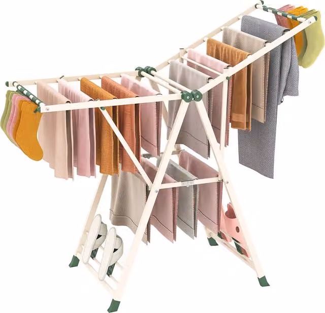 Costway Foldable Metal Laundry Drying Rack with Wing Arms in Beige and White
