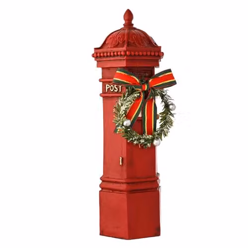 Widdop and Co Regal Tidings Red Post Box Ornament with Wreath and Ribbon, Classic Christmas Tabletop Decoration