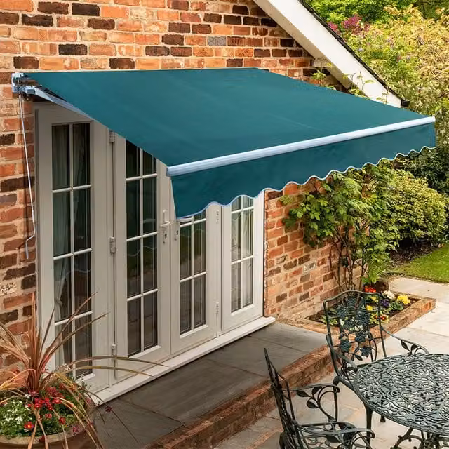Primrose Manual Wall-Mounted Folding Arm Garden Patio Awning Canopy in Plain Green, Width: 450 cm