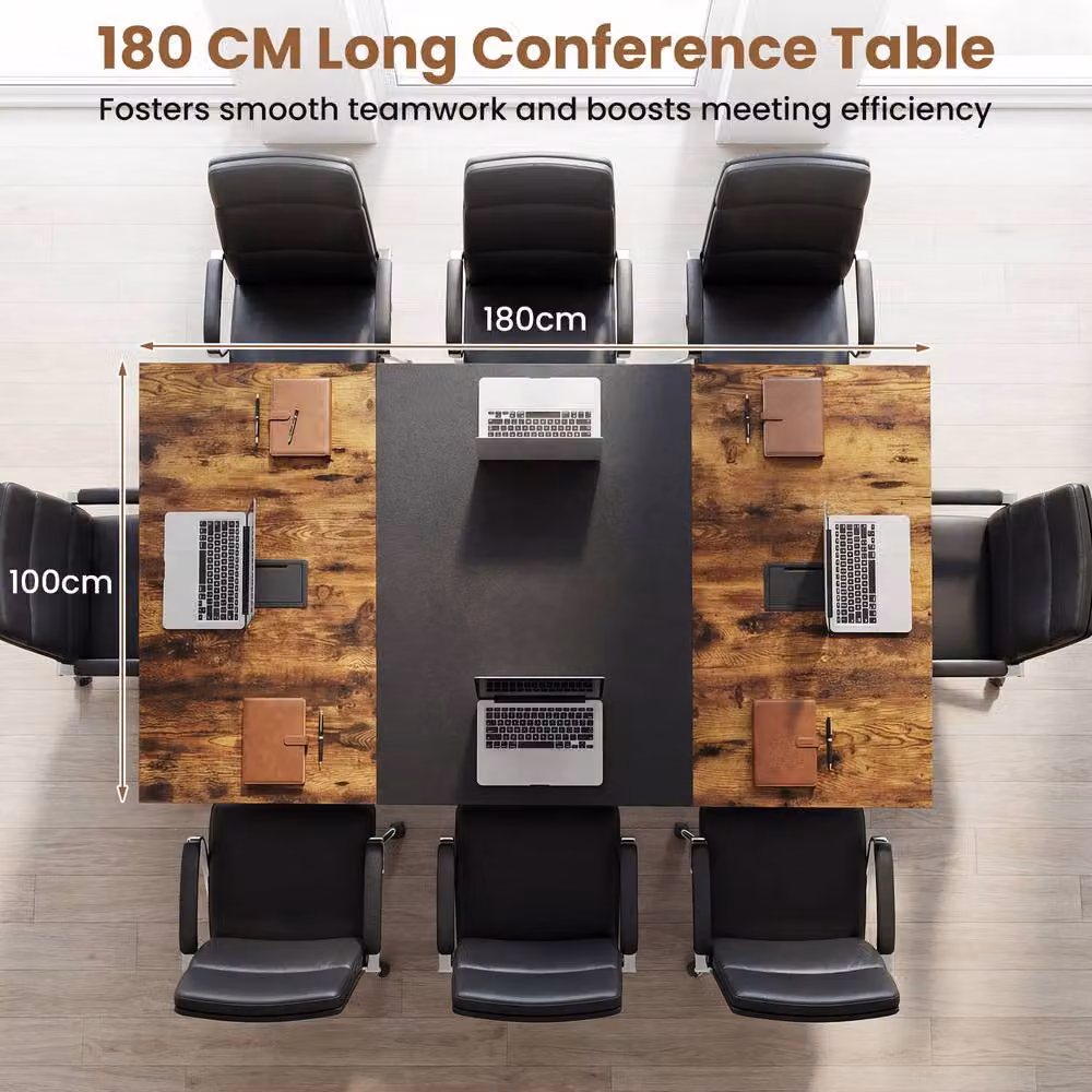 Gymax Industrial Rectangular Conference Table in Brown with Metal Frame and Grommet for 6-8 People – 4