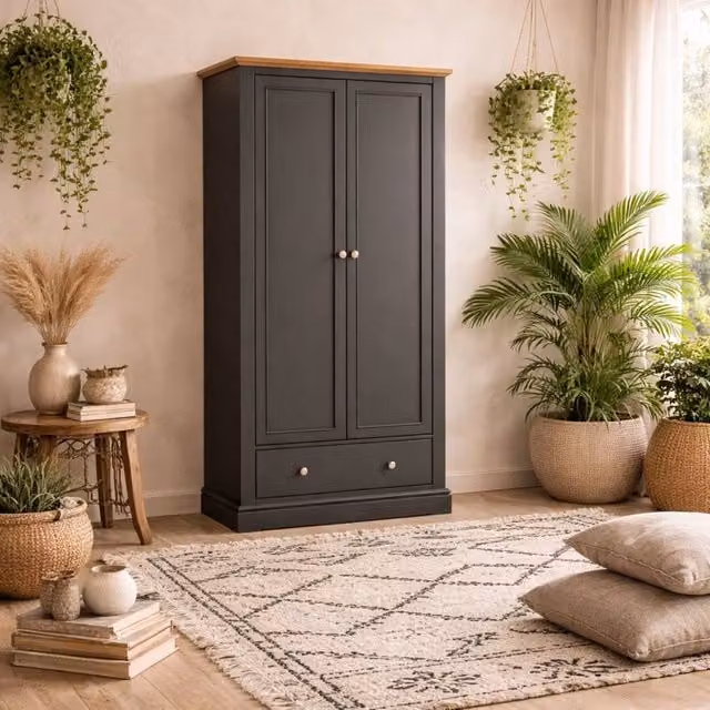 Wyld Haus Ardee Modern 2 Door Wardrobe with Drawer in Grey and Natural Oak, H 181.5 x W 56.0 x D 54.7 cm – 1