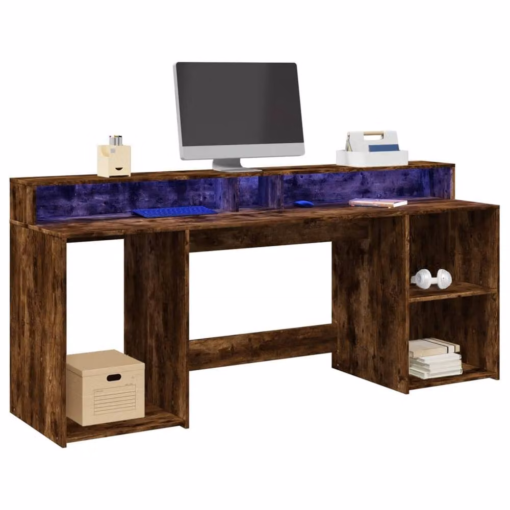 Berkfield Home Gaming Desk with LED Lights in Smoked Oak Brown, W/D/H: 200 x 55 x 91 cm – 2