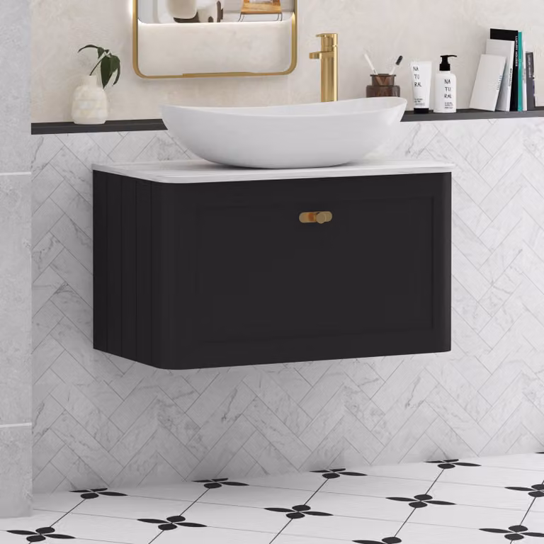 Royal Bathrooms Henley 800mm Matt Nocturne Black Wall Hung Vanity Unit with Cesar Basin and Brushed Brass Knob