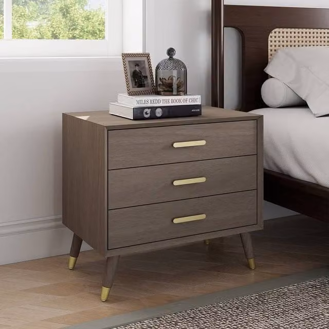 Melody Maison Oslo Large 3 Drawer Bedside Table in Brown and Gold