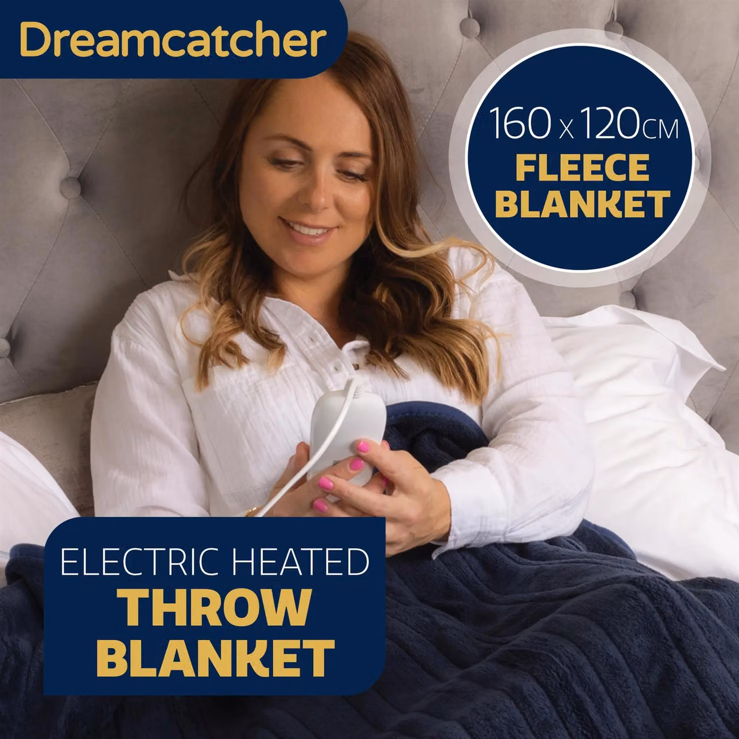 Dreamcatcher Deluxe Electric Heated Double Over Blanket in Navy Blue with Soft Fleece and Timer – 2