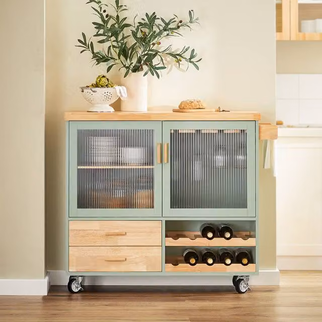 SoBuy Mobile Kitchen Island with Wood Top and Wine Rack in Green – 1
