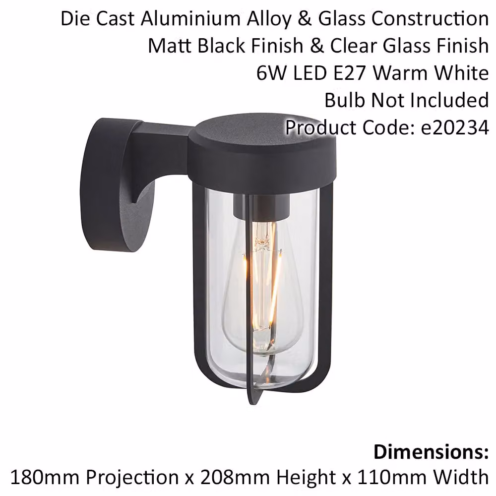 Loops Matt Black Outdoor Wall Light with Transparent Glass Shade, IP44 Rated, LED Compatible – 2