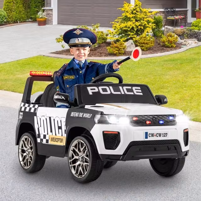 Costway Kids Electric Ride on Police Car in White with Rechargeable Battery