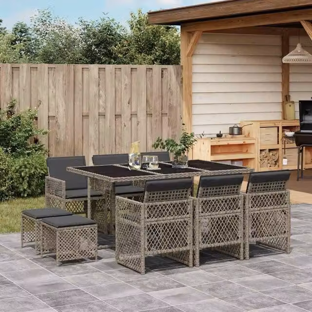Berkfield Home 11 Piece Grey Poly Rattan Garden Dining Set with Cushions