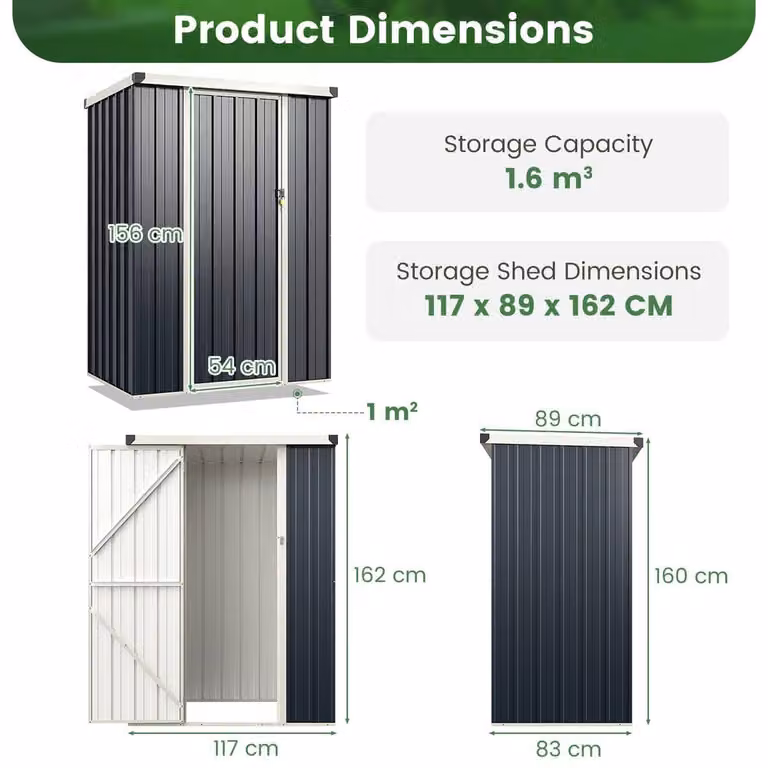 Costway Grey Galvanised Steel Garden Storage Shed with Lockable Door