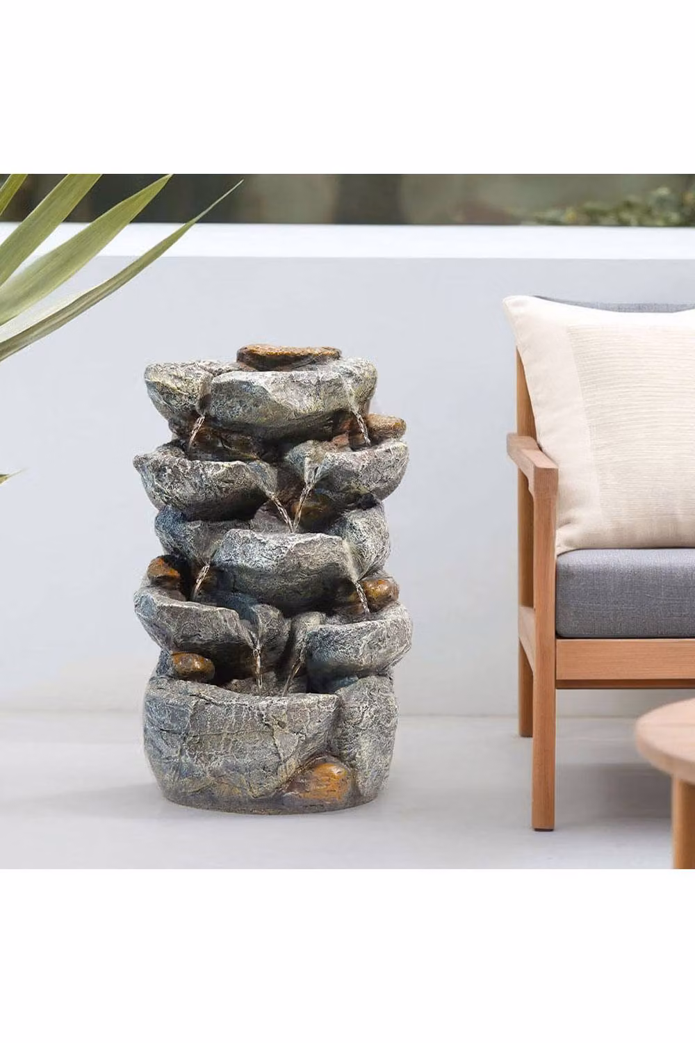 H&O Direct LED Cascade Water Feature Electric Garden Fountain in Grey Stone, H 49.0 cm x W 24.0 cm x D 24.0 cm – 2