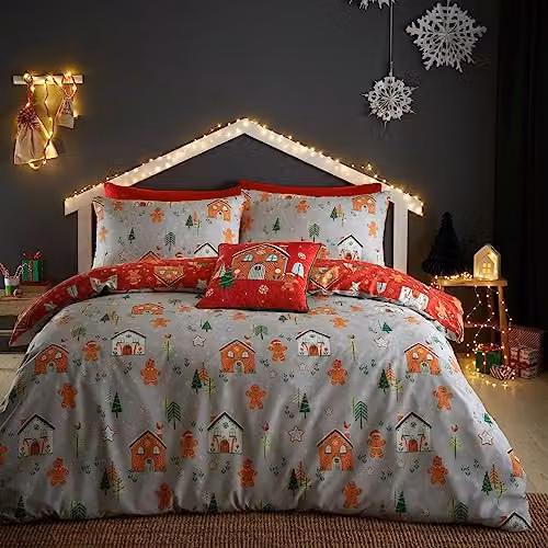 Bedlam Gingerbread House Reversible Christmas Duvet Cover Set with Pillowcase in Grey, W/D/H: 140 x 200 cm