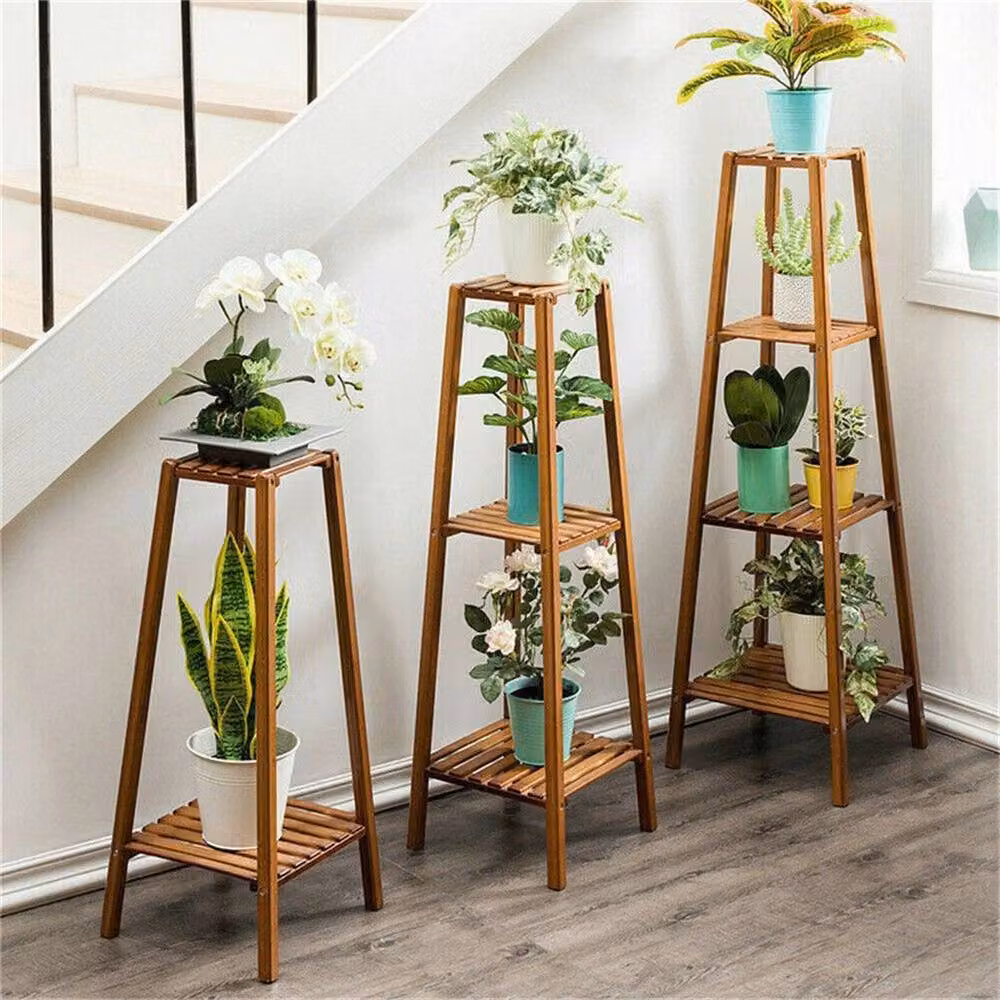 NESTLUNE 2-Tier Tall Bamboo Plant Stand Pot Holder Shelf in Brown, H 100 x W 15 x D 15 cm – 2
