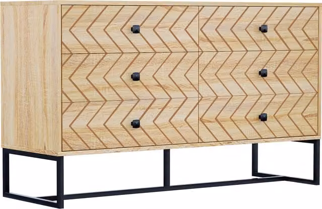 HOMCOM 6 Drawer Chest Sideboard Cabinet with Zig Zag Design and Black Metal Handles, Brown, H 71 x W 120 cm – 1